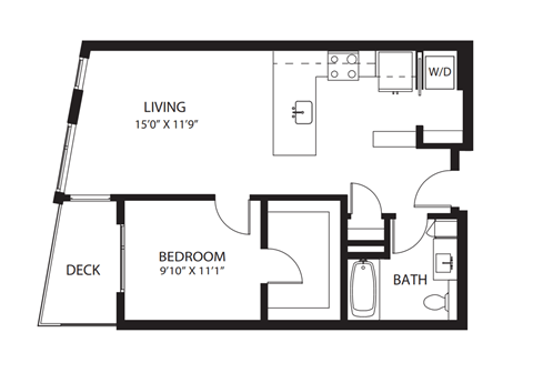 Floor plan for 1 bed, 1 bath, 707 sqft